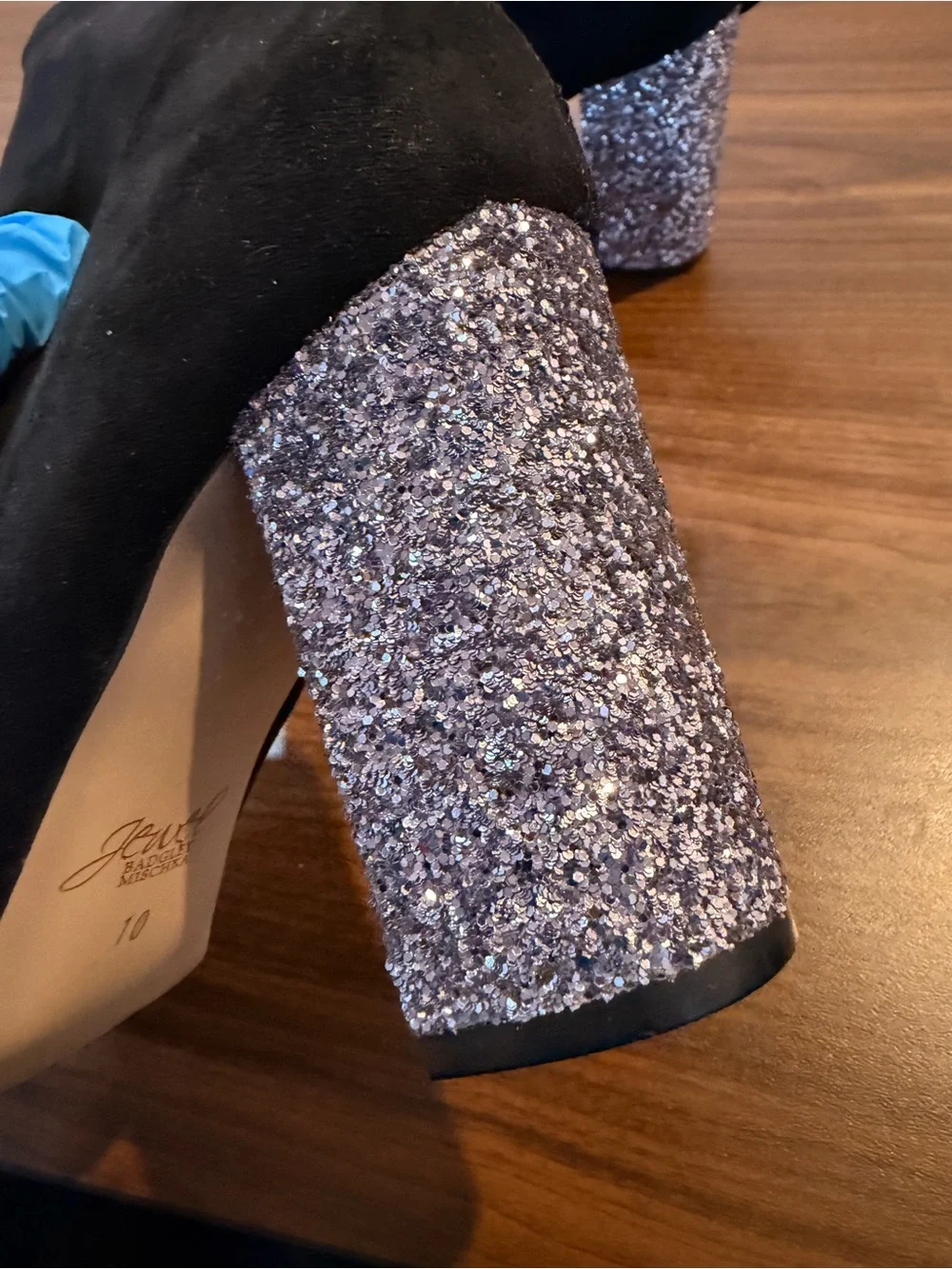 NWOT Badgley Mischka Black Suede Ankle Boots with Silver Glitter Block Heel